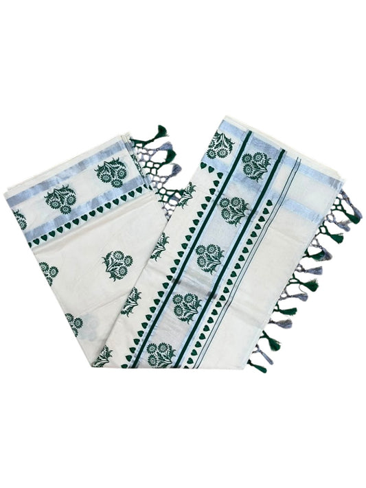 Southloom Cotton Kerala Kasavu Saree with Digital Print on Body in Green SL519