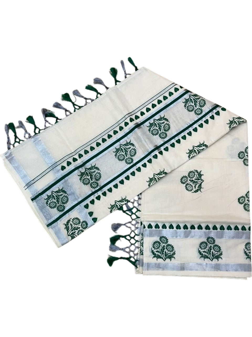 Southloom Cotton Kerala Kasavu Saree with Digital Print on Body in Green SL519