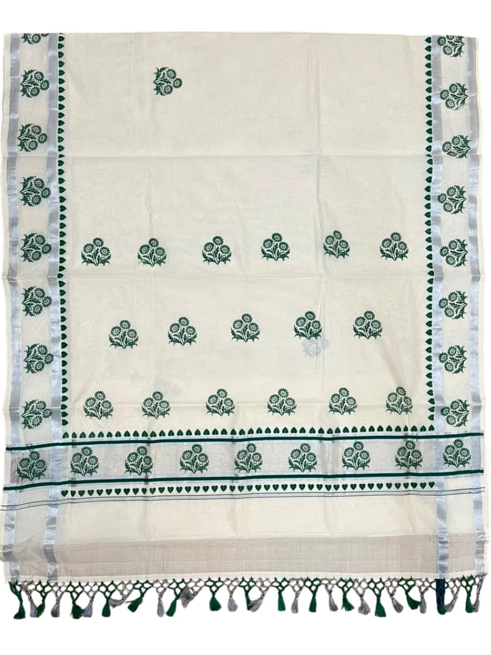 Southloom Cotton Kerala Kasavu Saree with Digital Print on Body in Green SL519