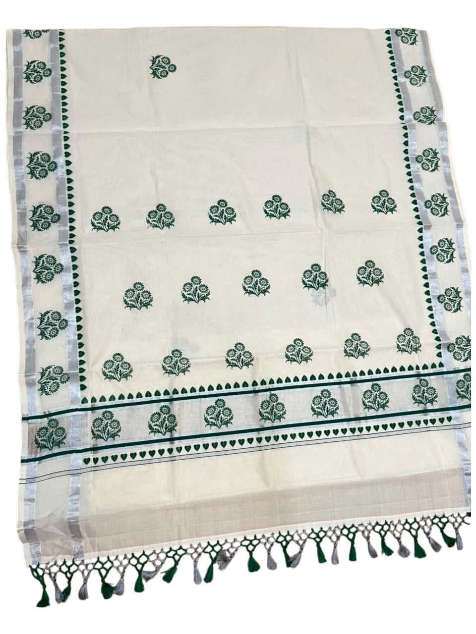 Southloom Cotton Kerala Kasavu Saree with Digital Print on Body in Green SL519
