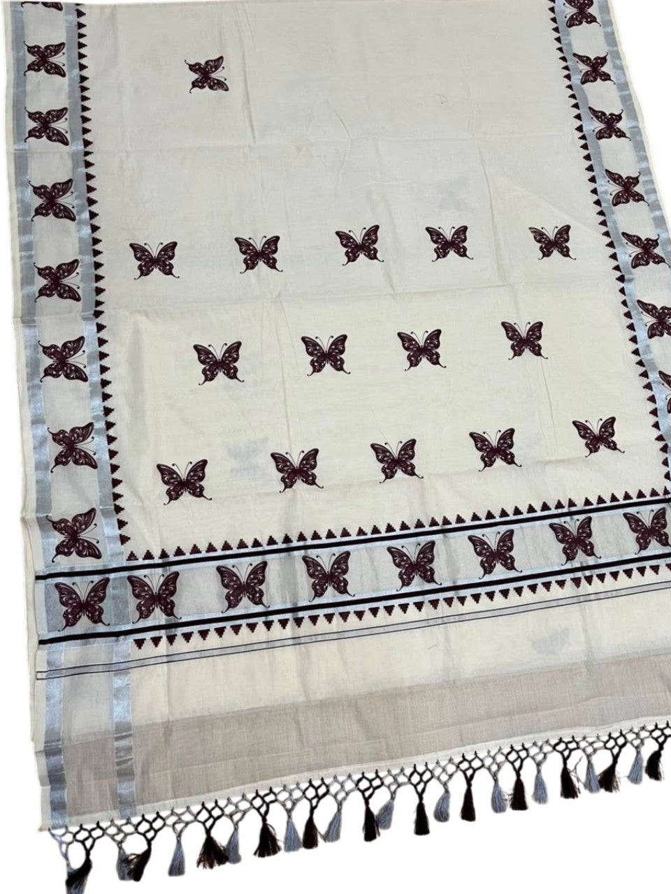 Southloom Cotton Kerala Kasavu Saree with Digital Print on Body in Brown SL519