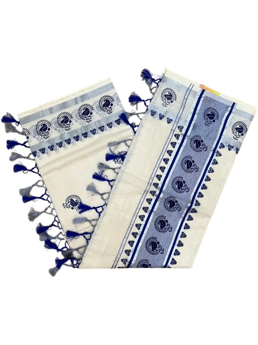 Southloom Cotton Kerala Kasavu Saree with Digital Print on Body in Blue SL519