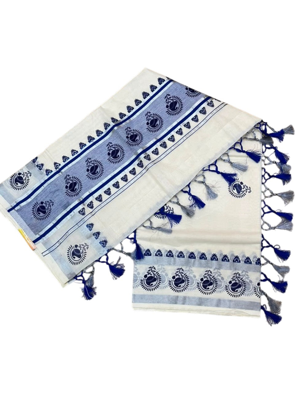 Southloom Cotton Kerala Kasavu Saree with Digital Print on Body in Blue SL519