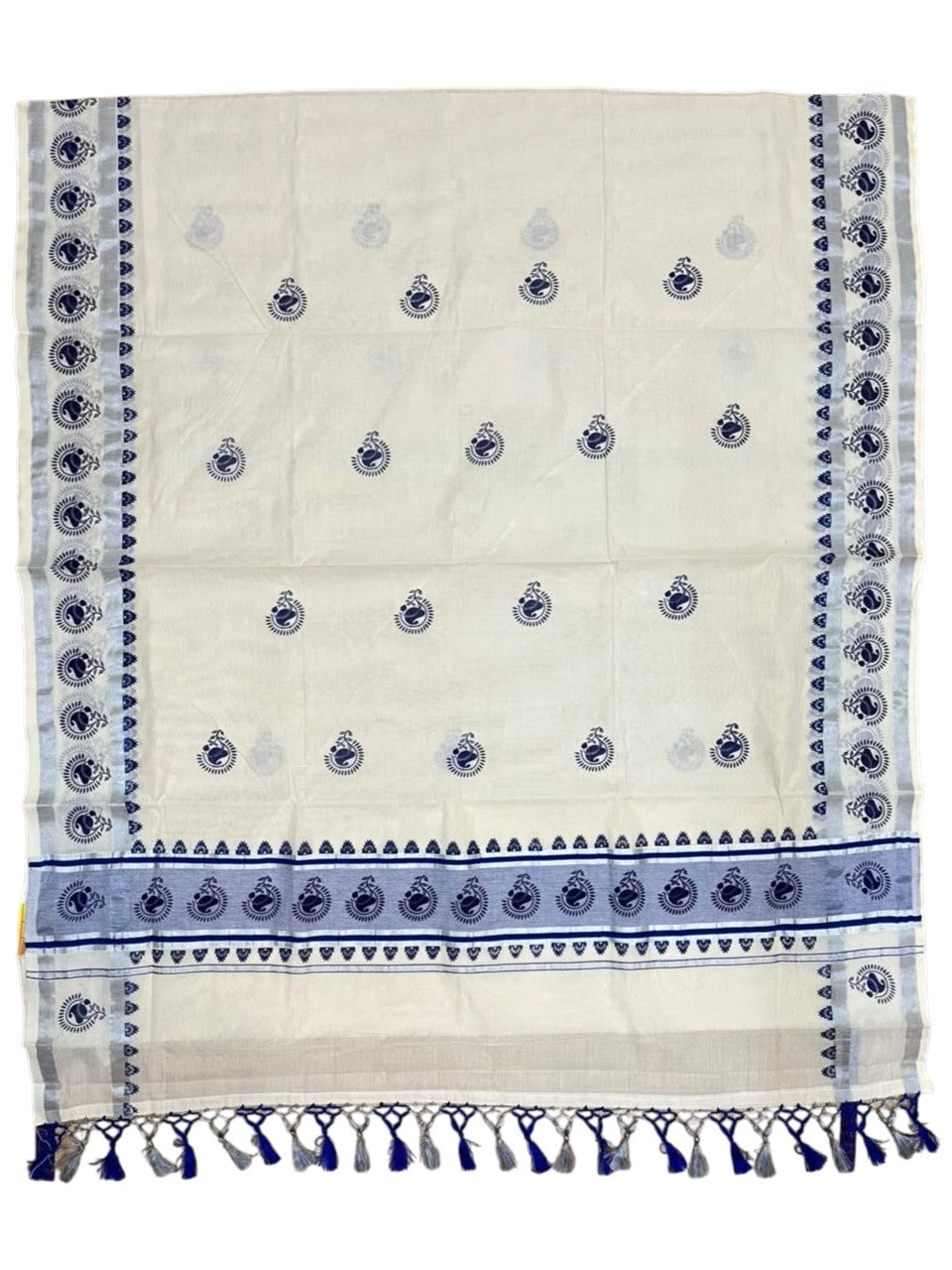 Southloom Cotton Kerala Kasavu Saree with Digital Print on Body in Blue SL519