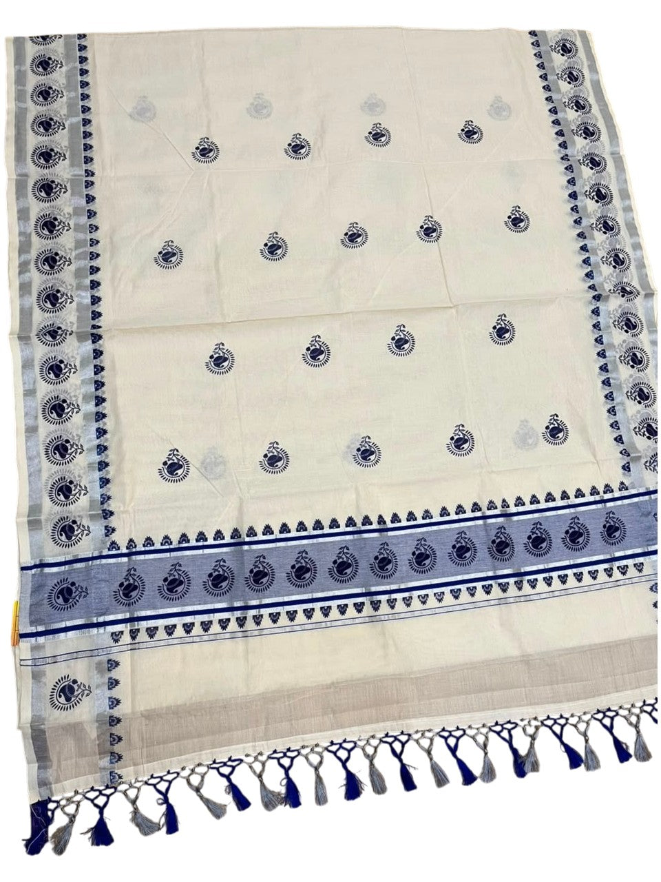 Southloom Cotton Kerala Kasavu Saree with Digital Print on Body in Blue SL519