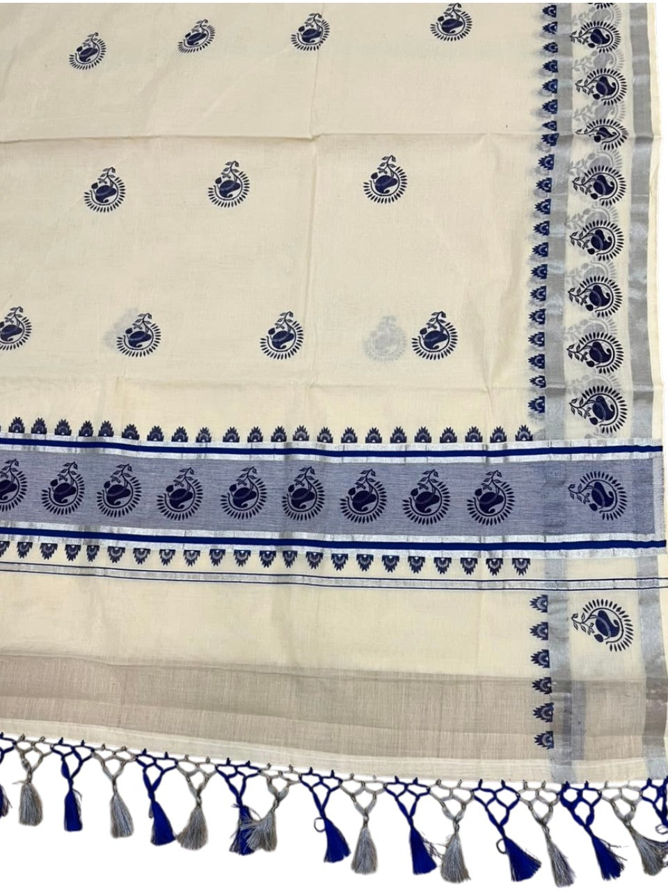 Southloom Cotton Kerala Kasavu Saree with Digital Print on Body in Blue SL519