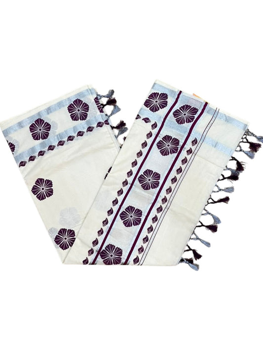 Southloom Cotton Kerala Kasavu Saree with Digital Print on Body in Purple SL519