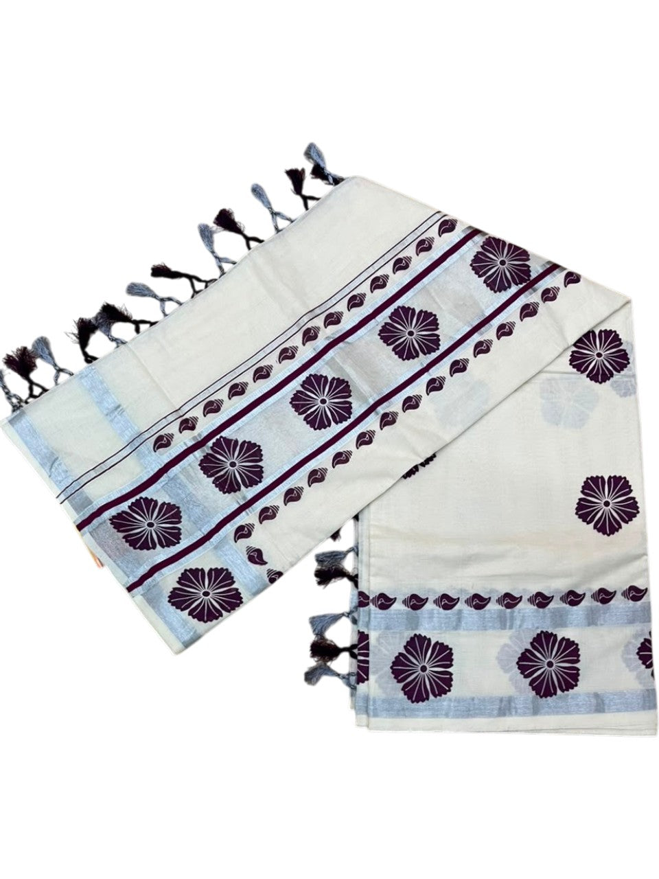 Southloom Cotton Kerala Kasavu Saree with Digital Print on Body in Purple SL519