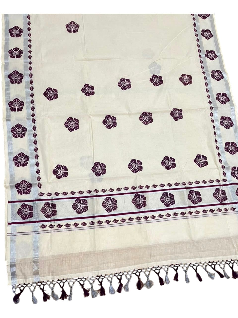 Southloom Cotton Kerala Kasavu Saree with Digital Print on Body in Purple SL519