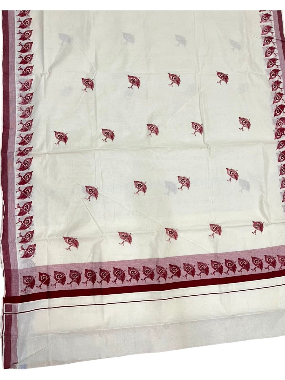 Southloom Cotton Kerala Kasavu Saree with Digital Print on Body in Maroon SL533
