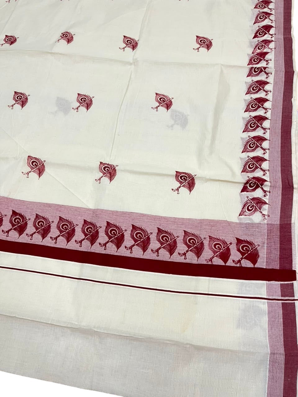 Southloom Cotton Kerala Kasavu Saree with Digital Print on Body in Maroon SL533