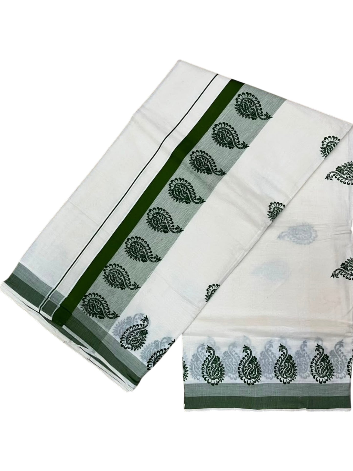 Southloom Cotton Kerala Kasavu Saree with Digital Print on Body in Green SL533