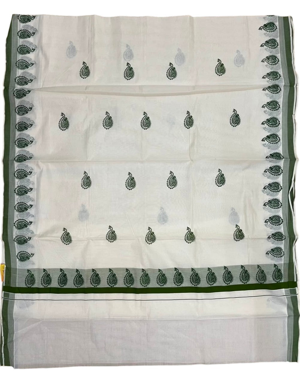 Southloom Cotton Kerala Kasavu Saree with Digital Print on Body in Green SL533