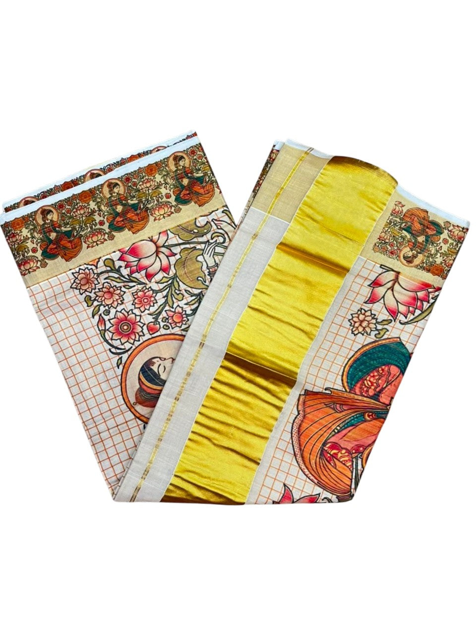 Southloom Tissue Kerala Kasavu Check Saree with Lotus Design on Body