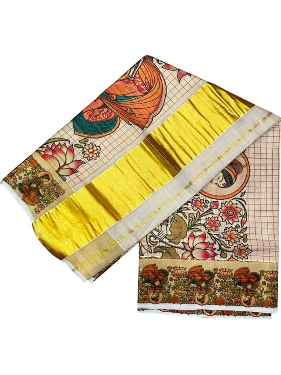 Southloom Tissue Kerala Kasavu Check Saree with Lotus Design on Body