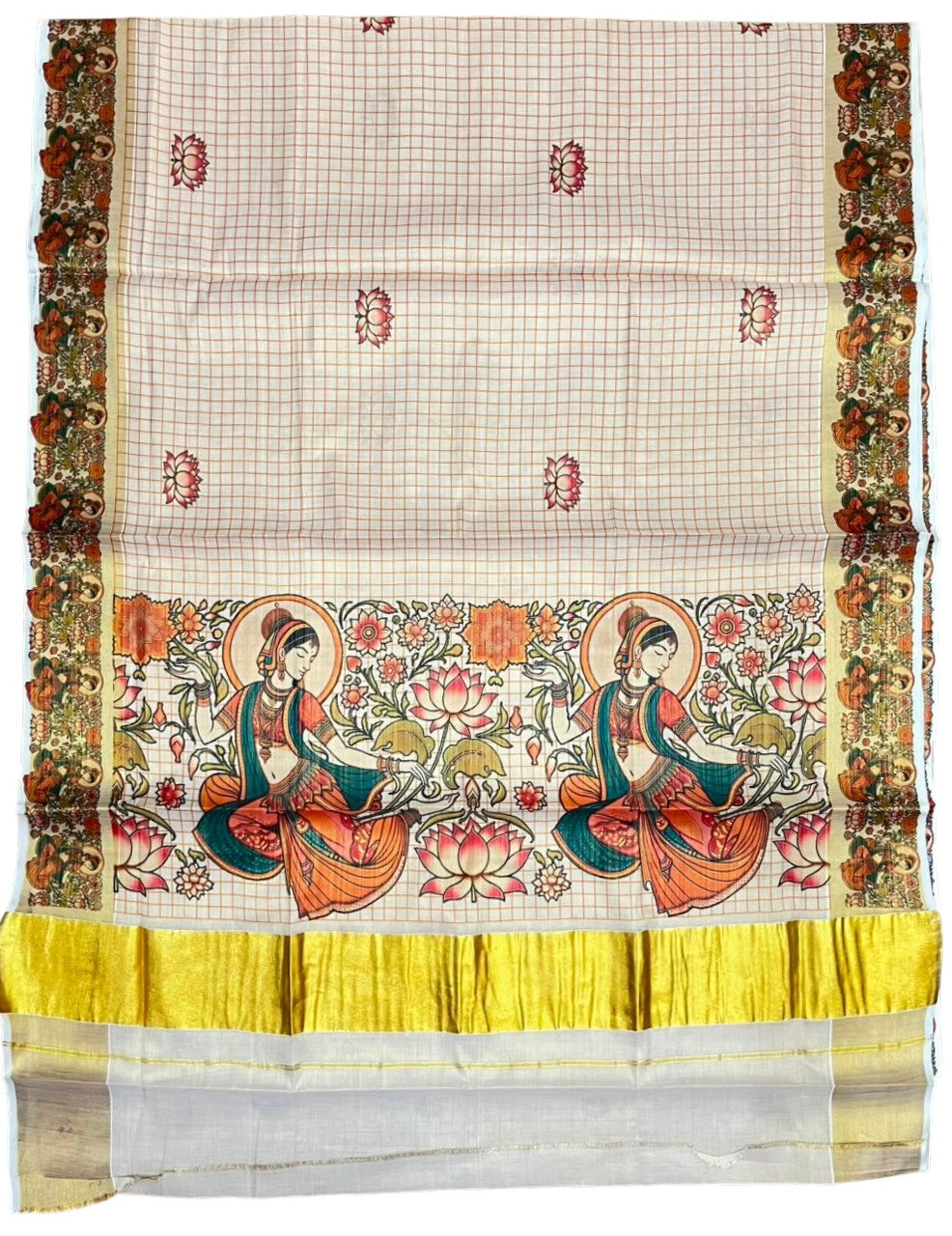 Southloom Tissue Kerala Kasavu Check Saree with Lotus Design on Body
