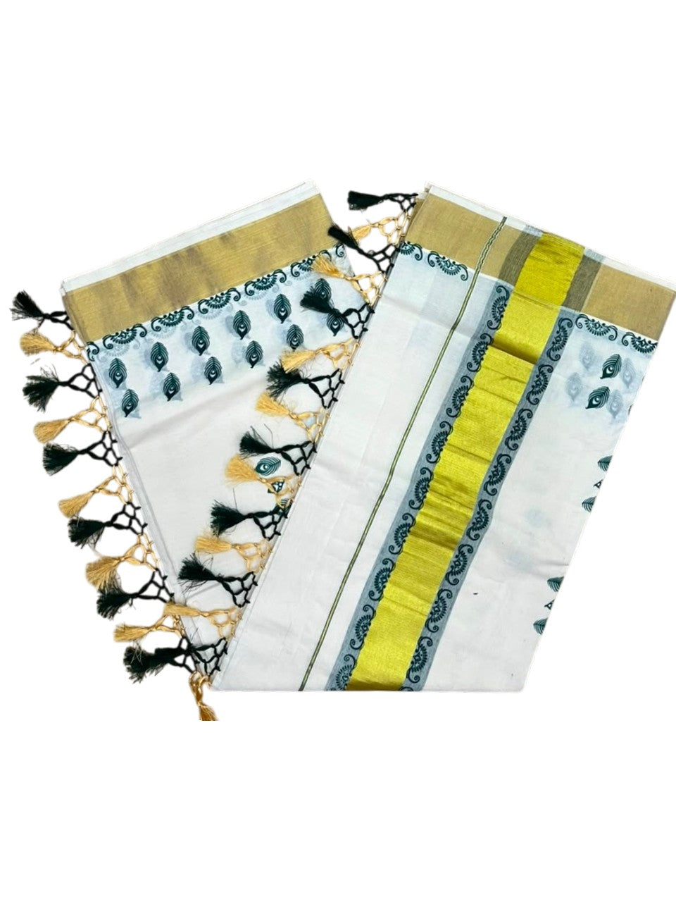 Southloom Cotton Kerala Kasavu Saree with Digital Print on Body in Green SL519