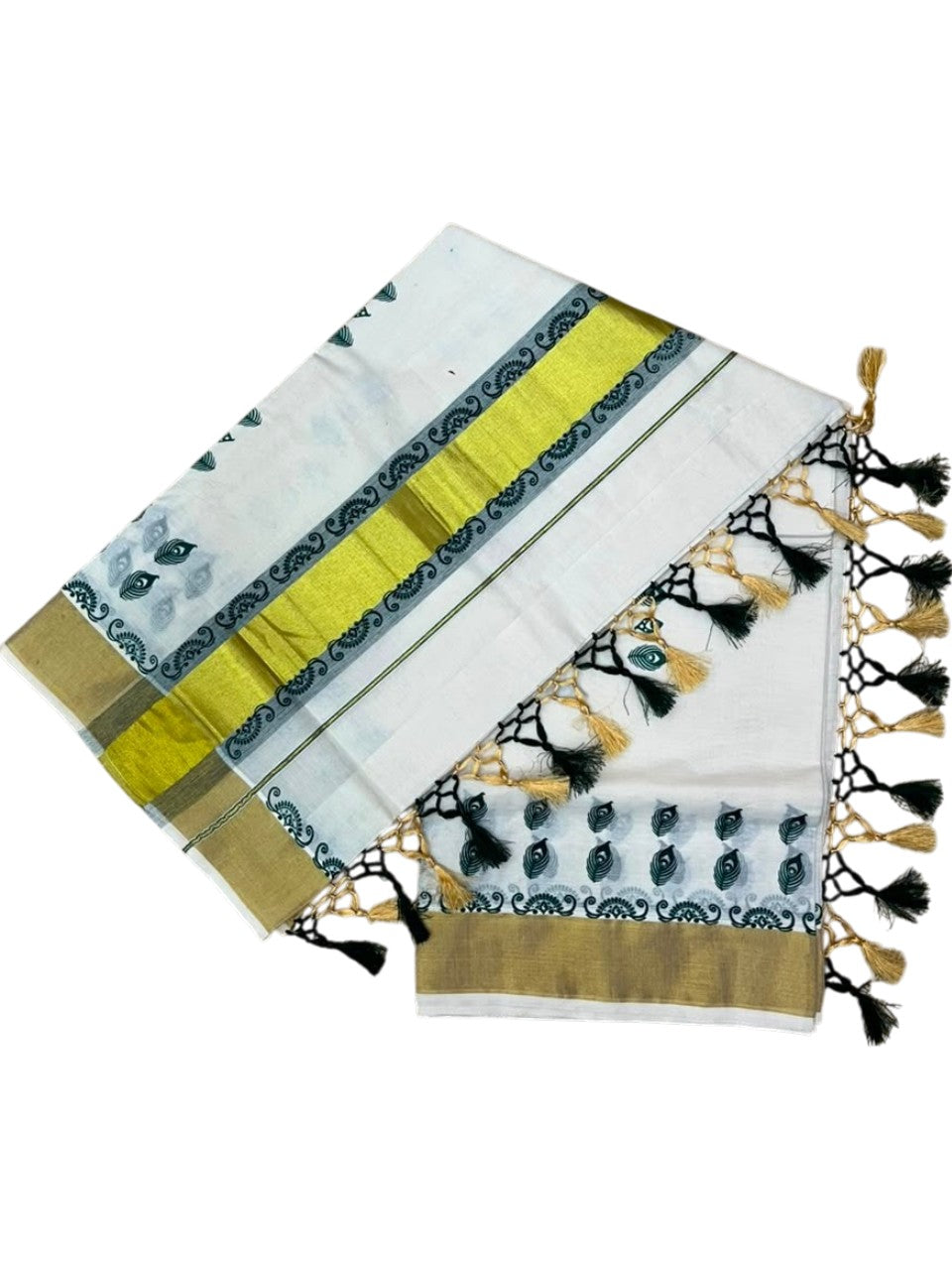 Southloom Cotton Kerala Kasavu Saree with Digital Print on Body in Green SL519