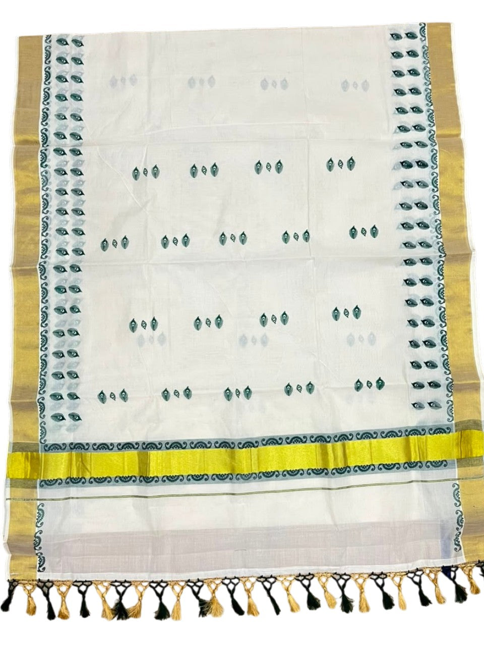 Southloom Cotton Kerala Kasavu Saree with Digital Print on Body in Green SL519