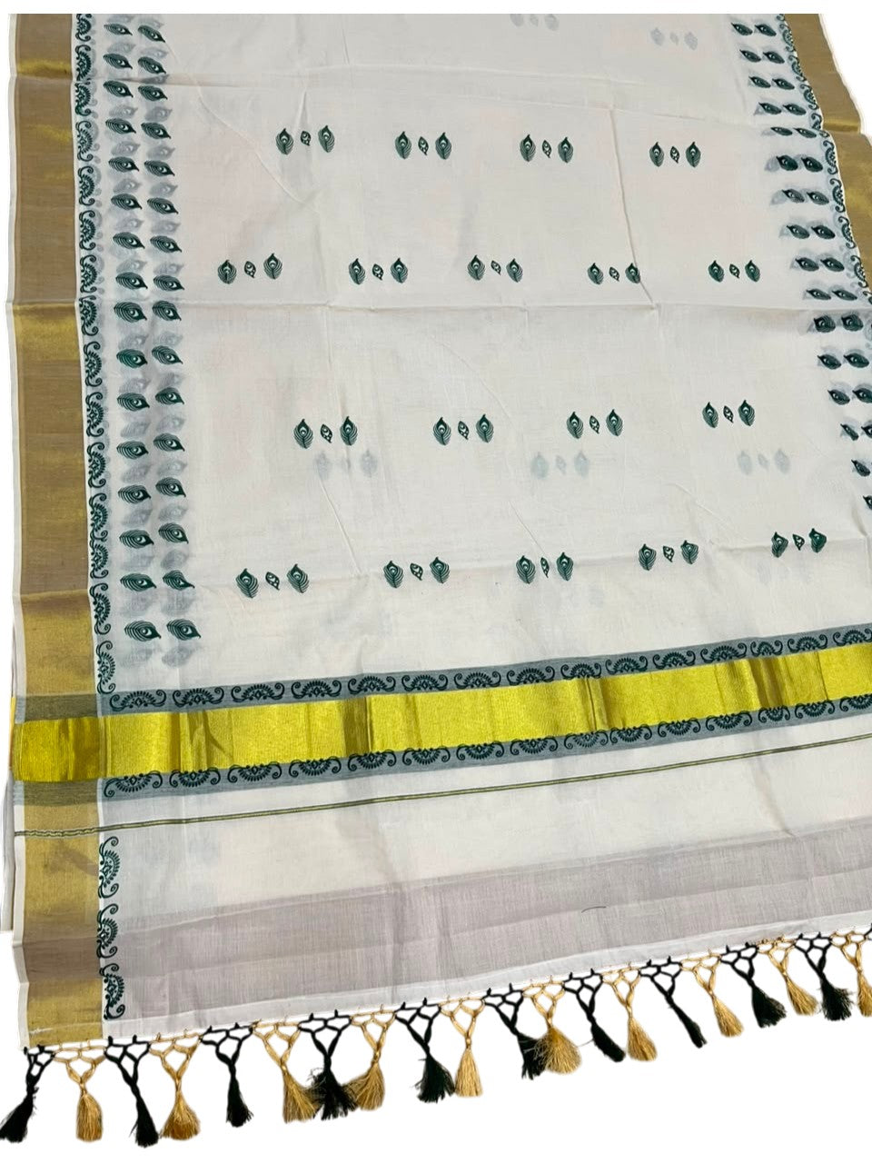 Southloom Cotton Kerala Kasavu Saree with Digital Print on Body in Green SL519