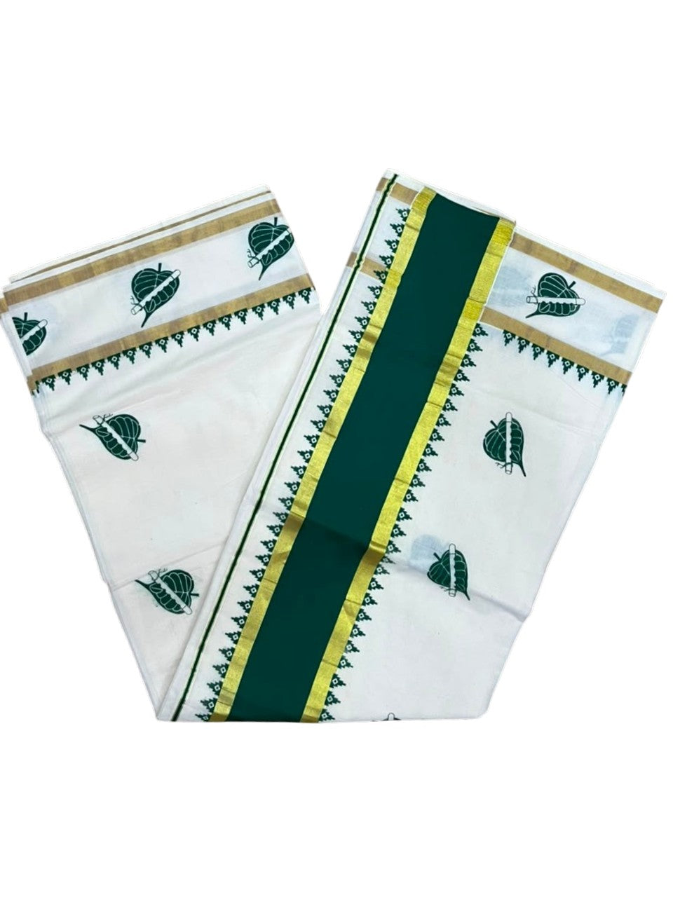 Southloom Cotton Kerala Kasavu Saree with Digital Print on Body with Temple Border in Green SL533