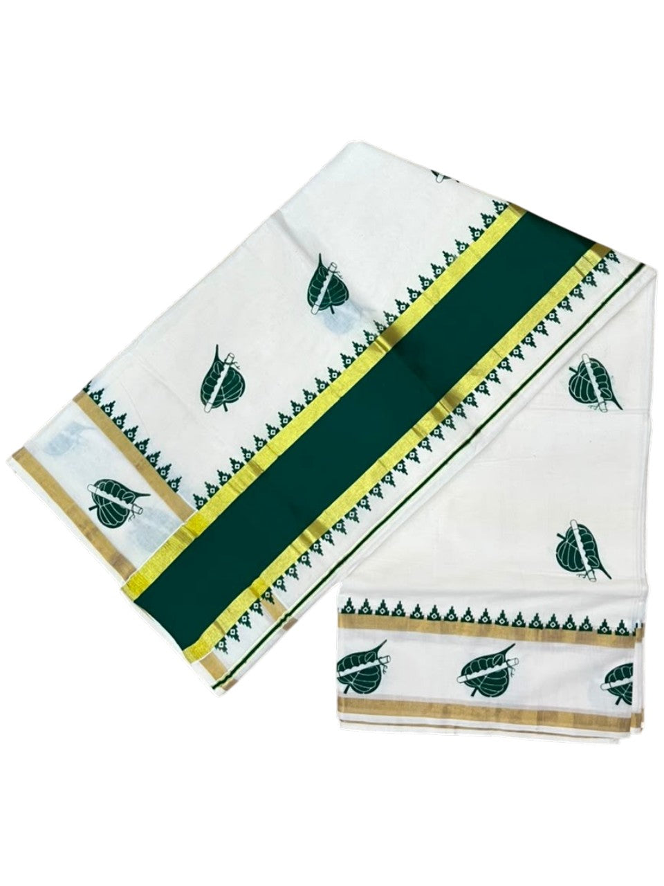 Southloom Cotton Kerala Kasavu Saree with Digital Print on Body with Temple Border in Green SL533