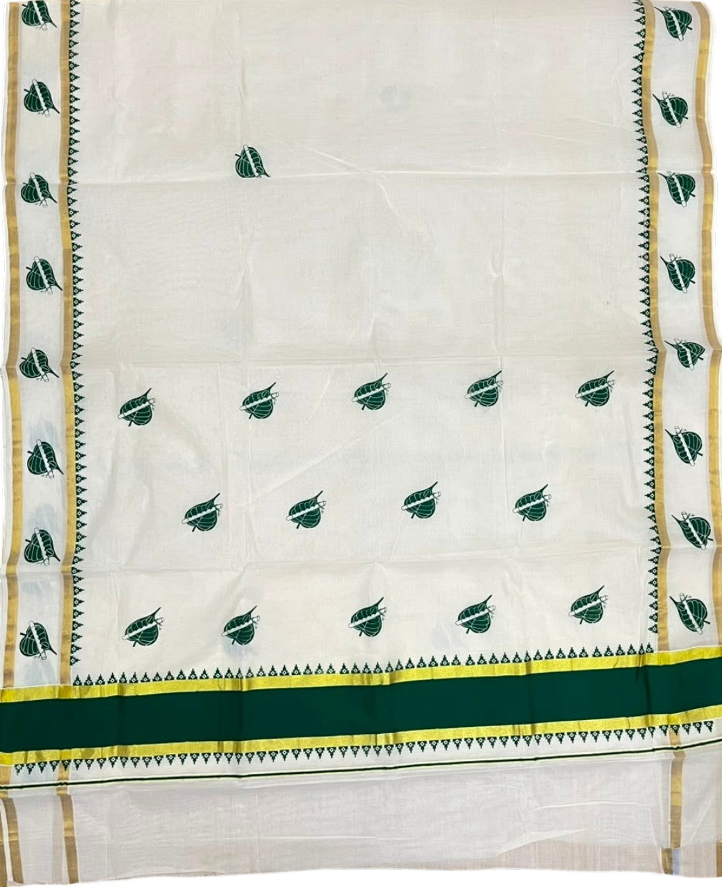 Southloom Cotton Kerala Kasavu Saree with Digital Print on Body with Temple Border in Green SL533