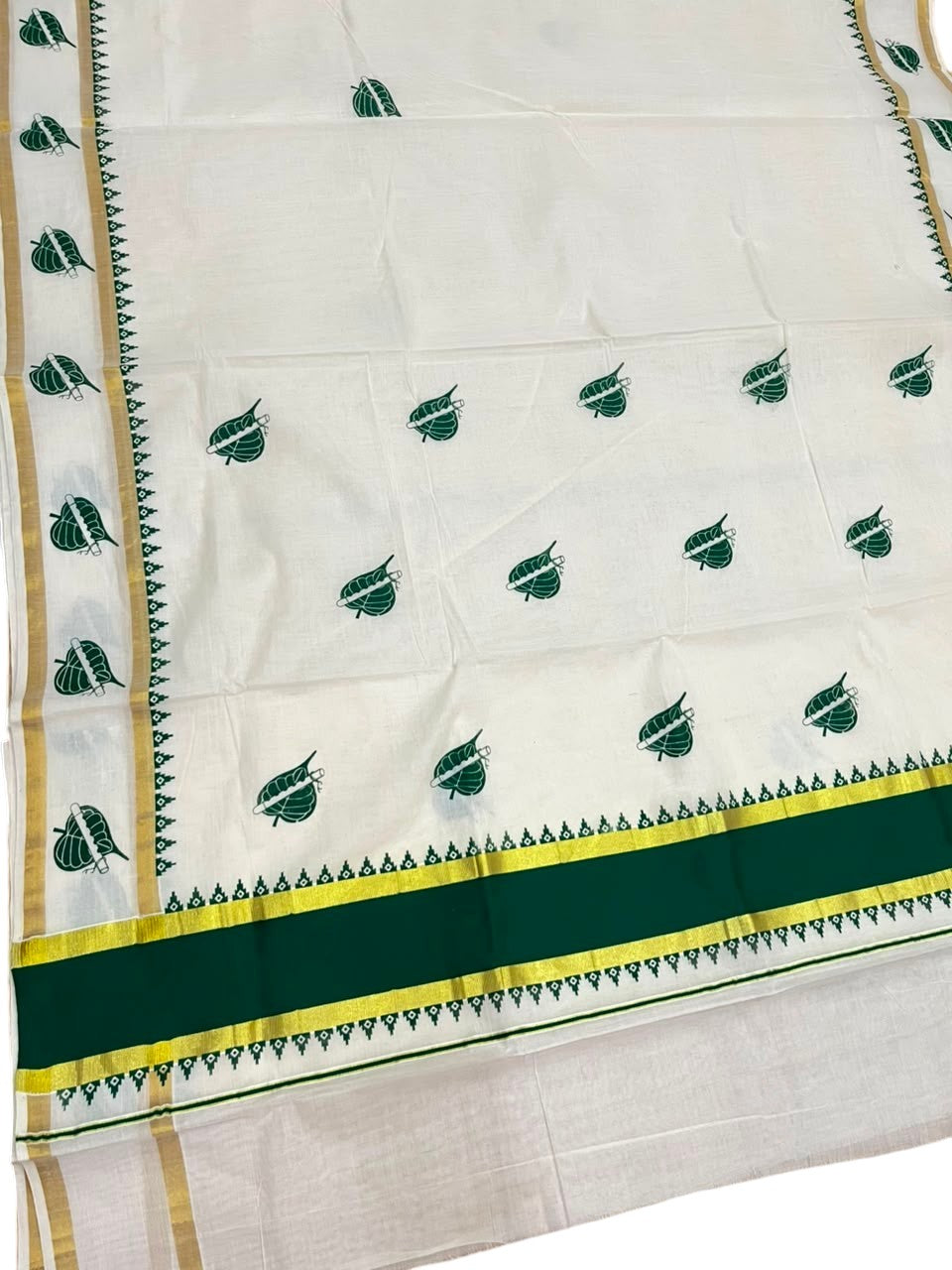 Southloom Cotton Kerala Kasavu Saree with Digital Print on Body with Temple Border in Green SL533