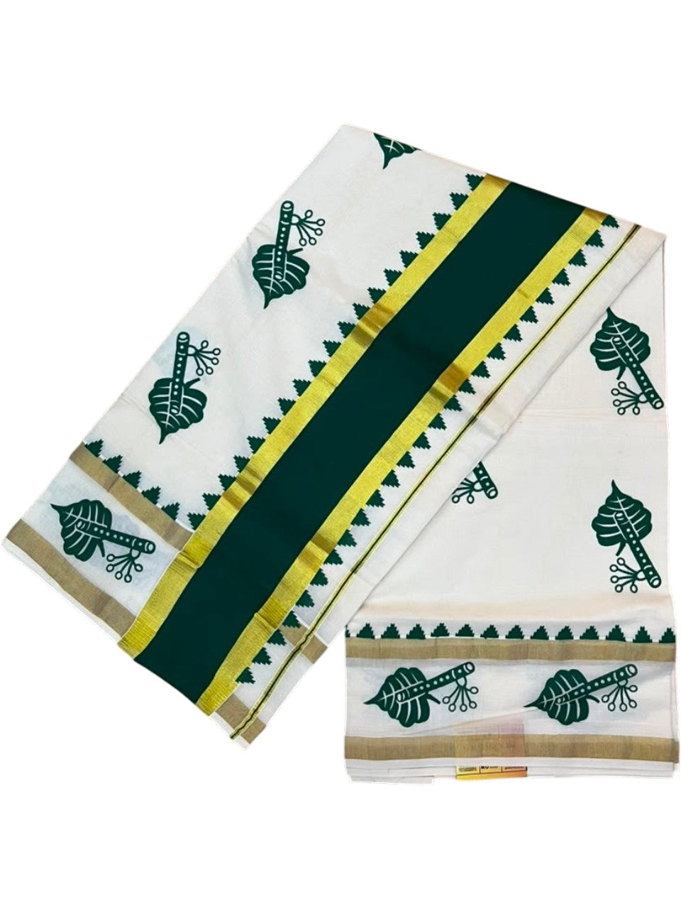 Southloom Cotton Kerala Kasavu Saree with Digital Print on Body with Temple Border in Green SL533