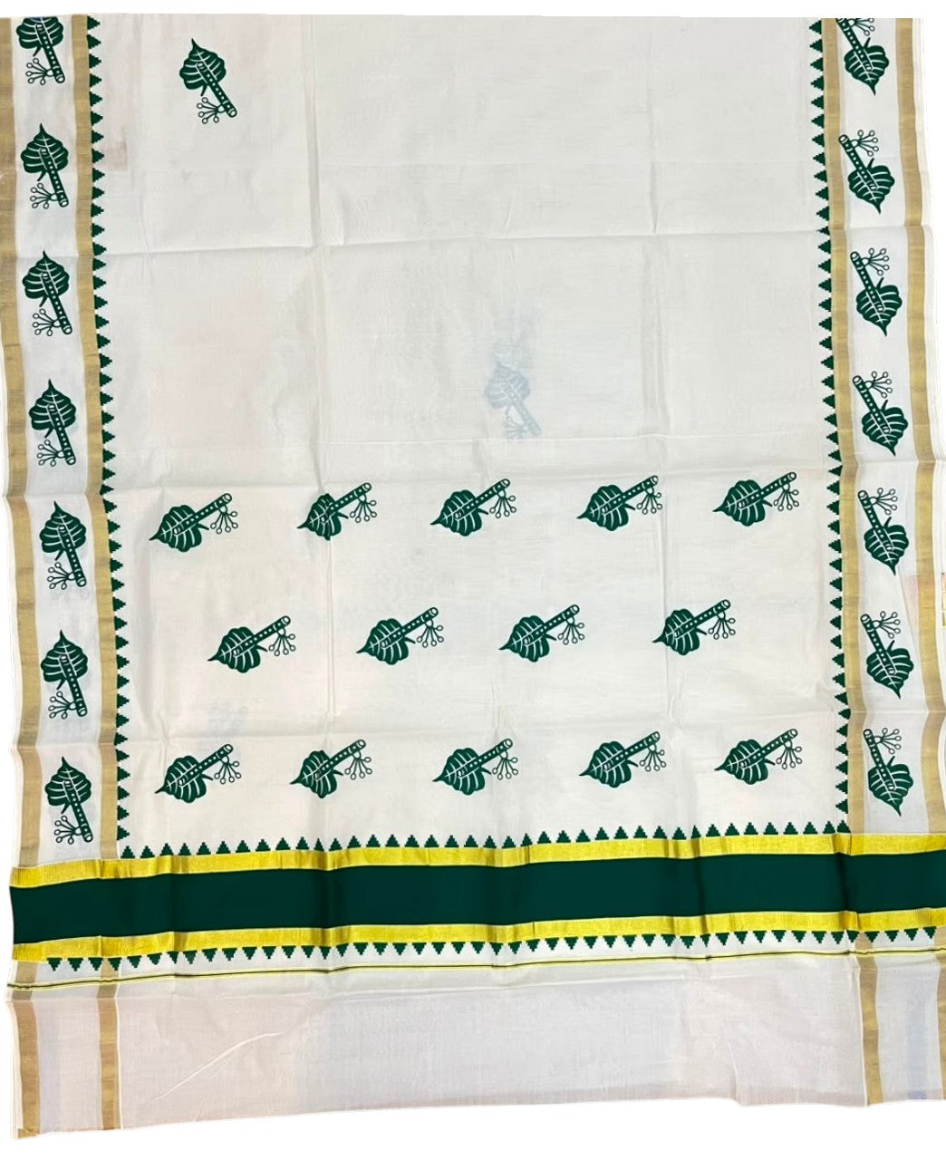 Southloom Cotton Kerala Kasavu Saree with Digital Print on Body with Temple Border in Green SL533