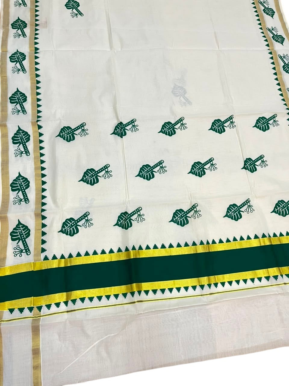 Southloom Cotton Kerala Kasavu Saree with Digital Print on Body with Temple Border in Green SL533