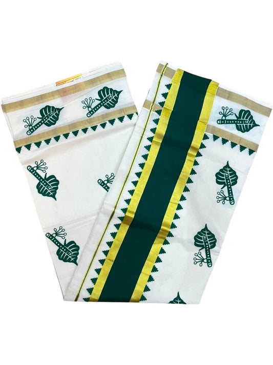 Southloom Cotton Kerala Kasavu Saree with Digital Print on Body with Temple Border in Green SL533