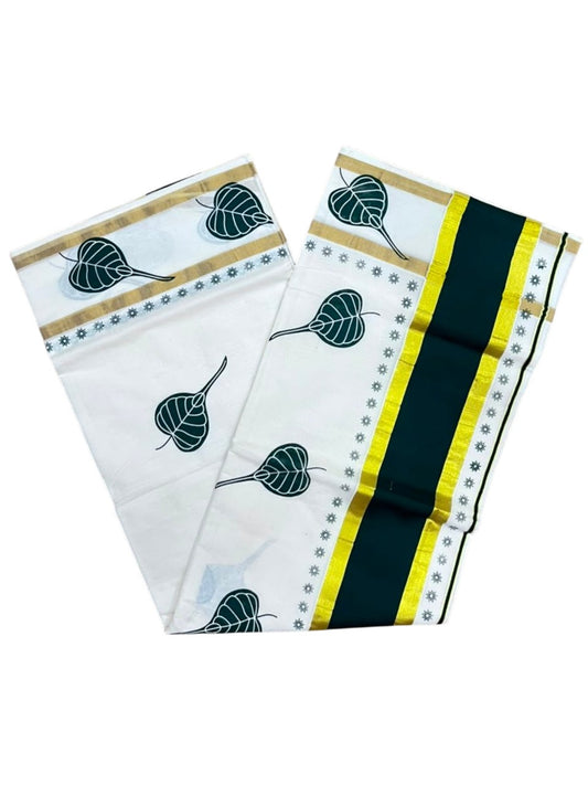 Southloom Cotton Kerala Kasavu Saree with Digital Print on Body in Green SL533