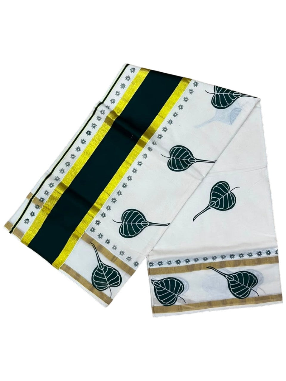 Southloom Cotton Kerala Kasavu Saree with Digital Print on Body in Green SL533