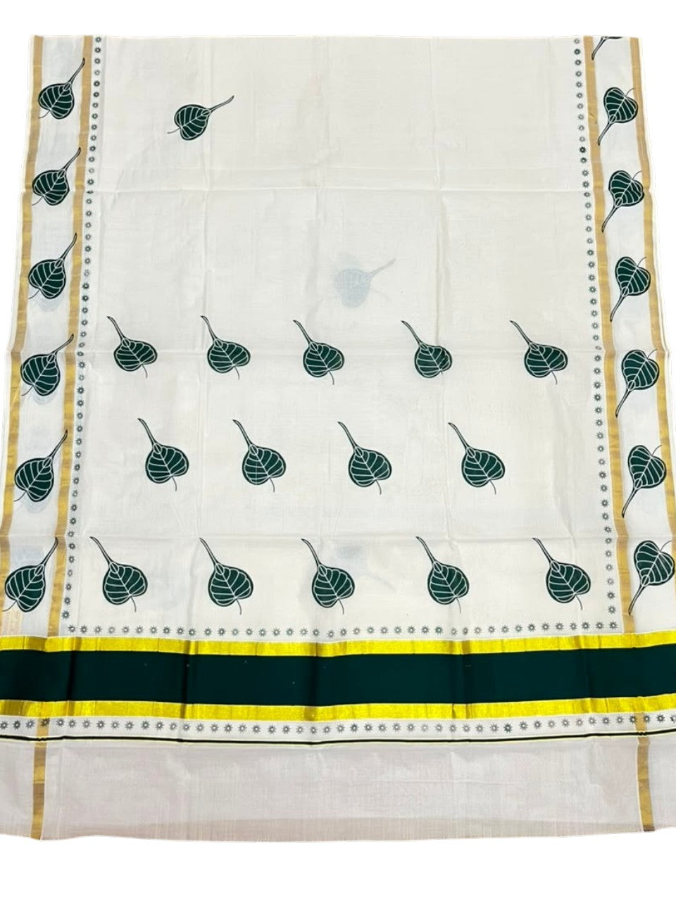Southloom Cotton Kerala Kasavu Saree with Digital Print on Body in Green SL533