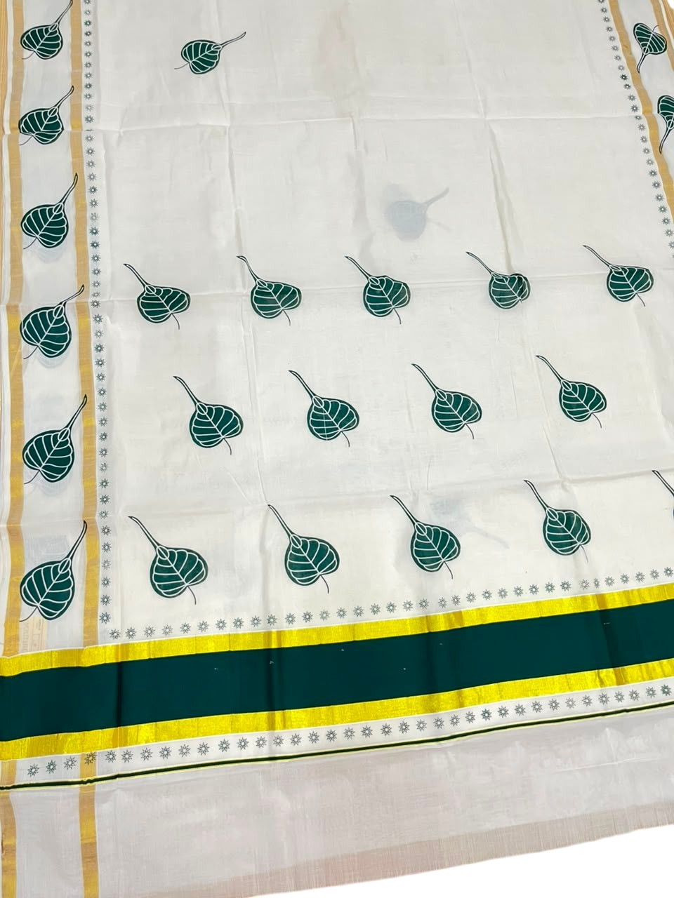 Southloom Cotton Kerala Kasavu Saree with Digital Print on Body in Green SL533
