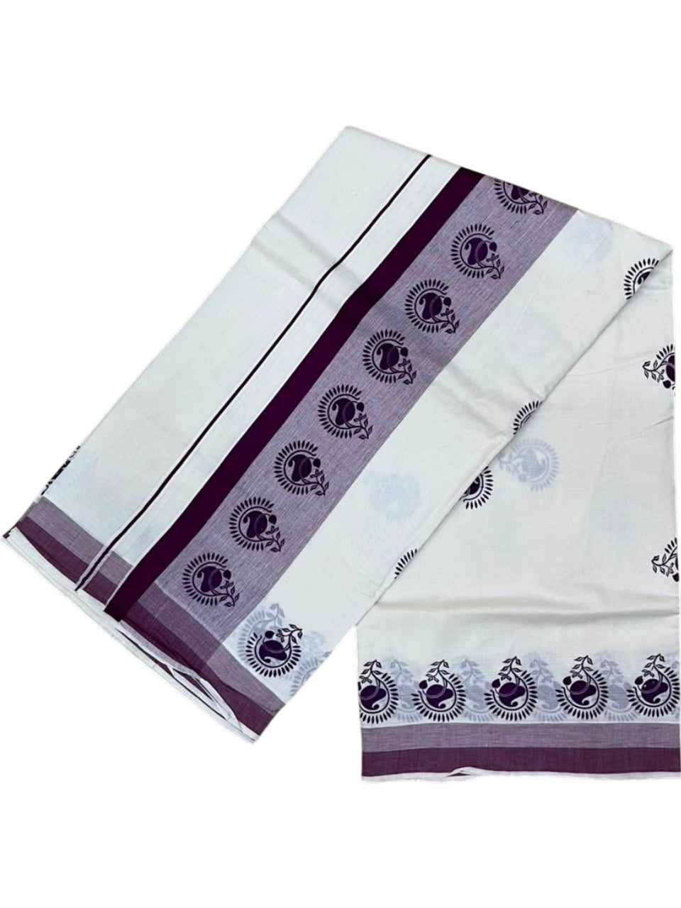 Southloom Cotton Kerala Kasavu Saree with Digital Print on Body with in Purple SL533
