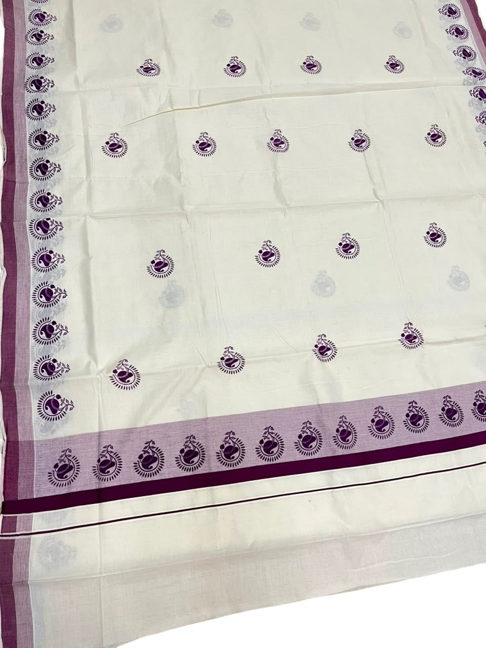 Southloom Cotton Kerala Kasavu Saree with Digital Print on Body with in Purple SL533