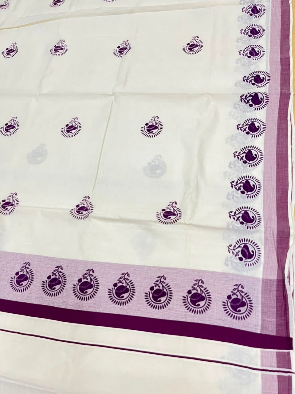 Southloom Cotton Kerala Kasavu Saree with Digital Print on Body with in Purple SL533