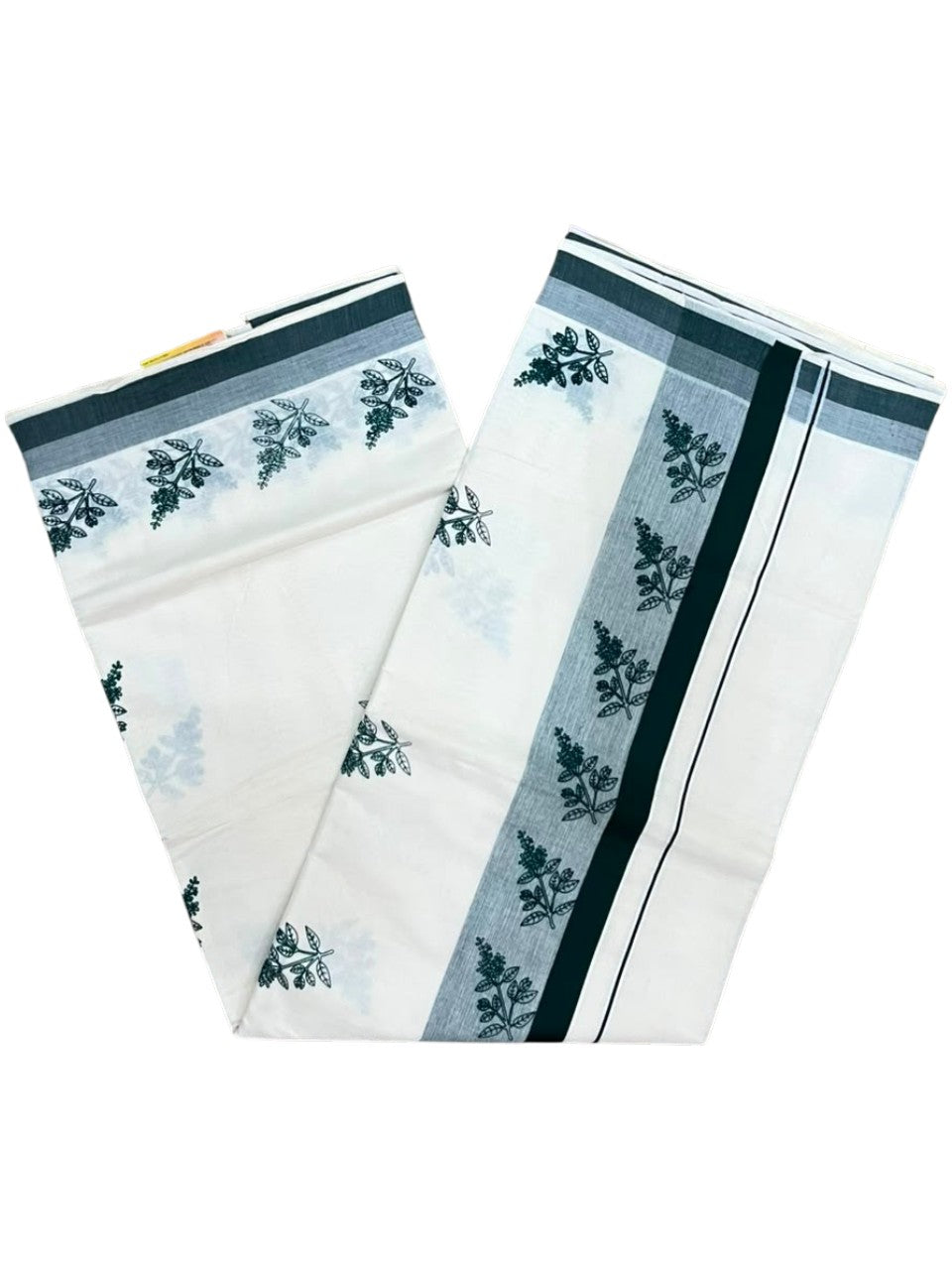 Southloom Cotton Kerala Kasavu Saree with Digital Print on Body with in Green SL533