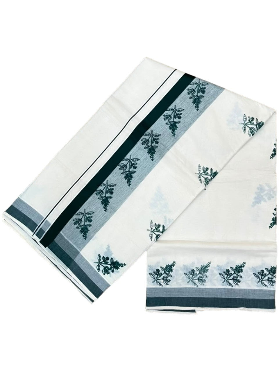Southloom Cotton Kerala Kasavu Saree with Digital Print on Body with in Green SL533