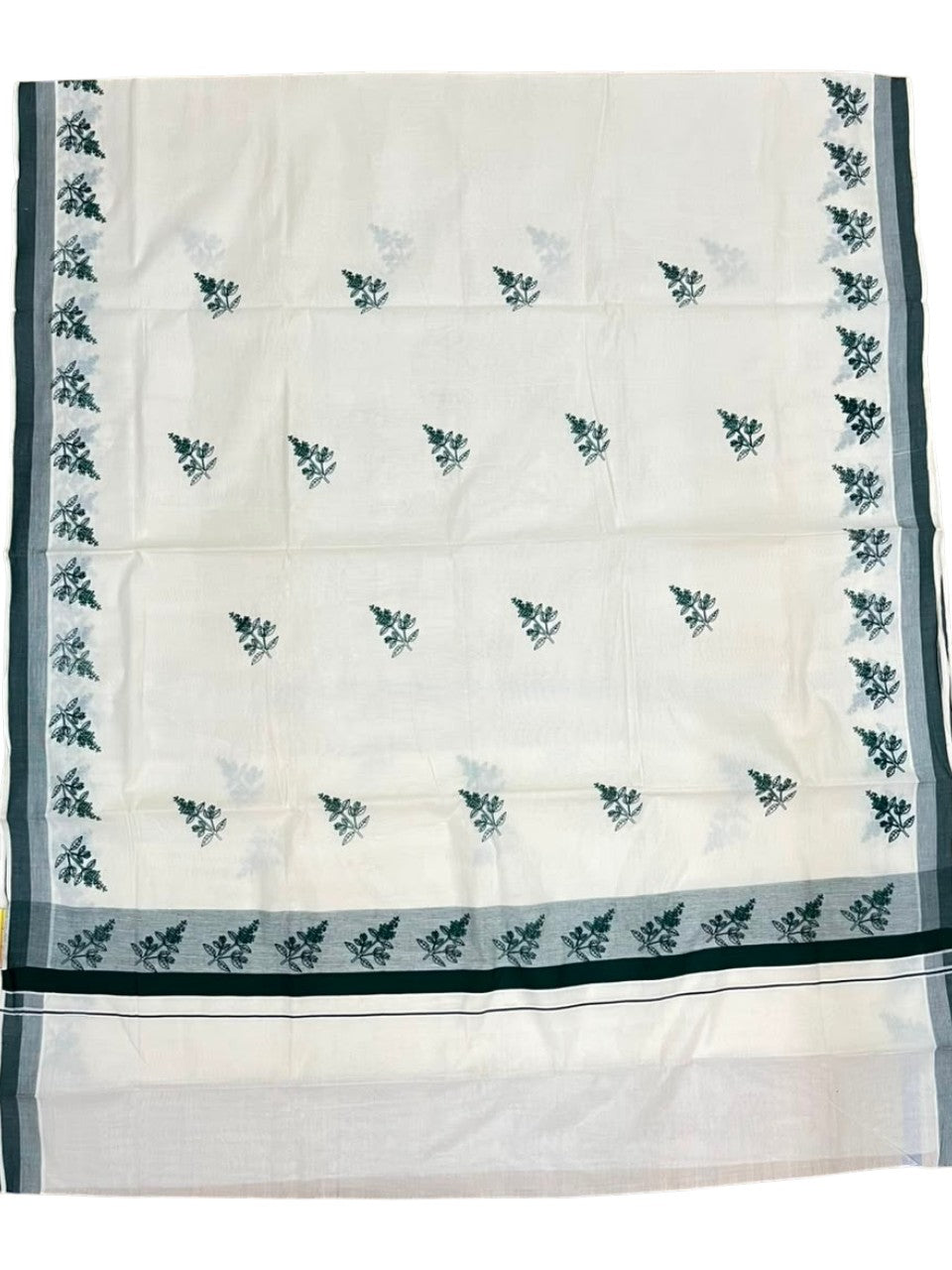 Southloom Cotton Kerala Kasavu Saree with Digital Print on Body with in Green SL533