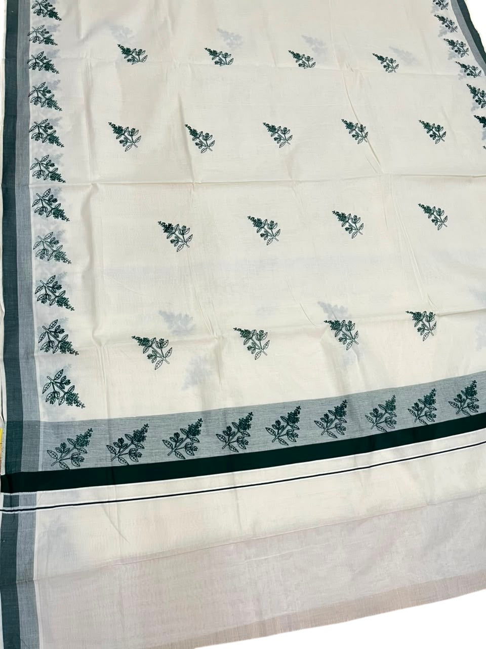 Southloom Cotton Kerala Kasavu Saree with Digital Print on Body with in Green SL533