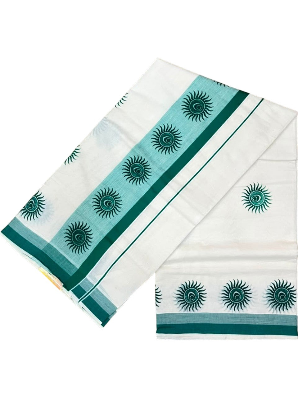 Southloom Cotton Kerala Kasavu Saree with Digital Print on Body with in Peacock Green SL533