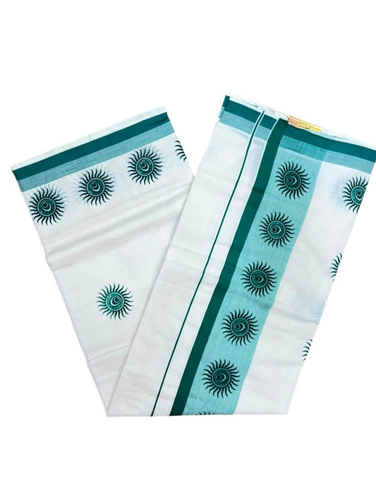 Southloom Cotton Kerala Kasavu Saree with Digital Print on Body with in Peacock Green SL533