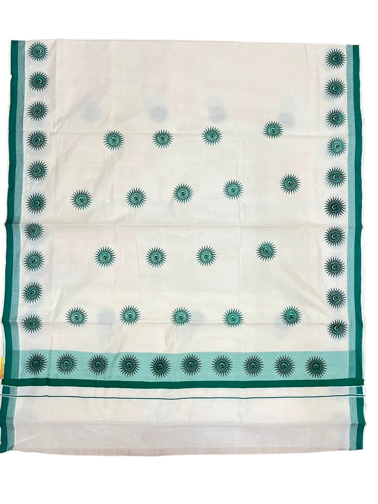 Southloom Cotton Kerala Kasavu Saree with Digital Print on Body with in Peacock Green SL533