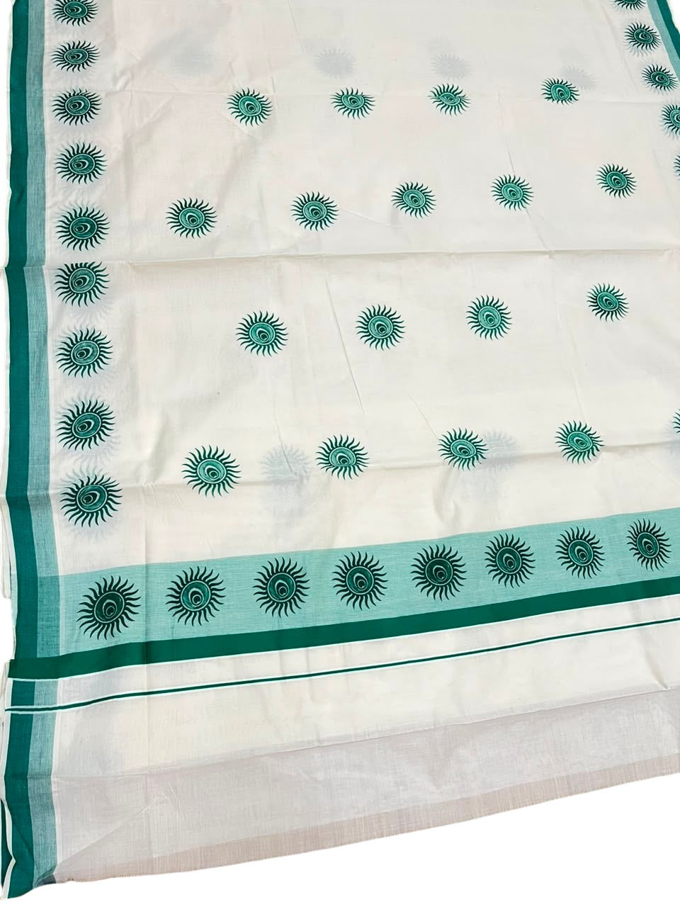 Southloom Cotton Kerala Kasavu Saree with Digital Print on Body with in Peacock Green SL533