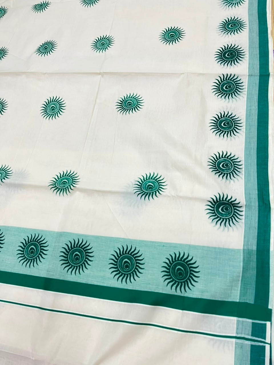 Southloom Cotton Kerala Kasavu Saree with Digital Print on Body with in Peacock Green SL533