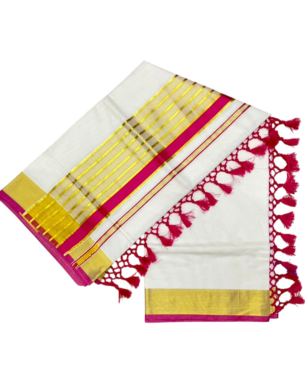 Southloom Pure Cotton Kerala Kasavu Saree with Gold Stripes on Body with Pink Borders SL449