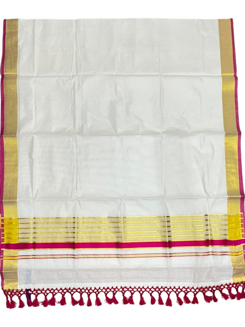 Southloom Pure Cotton Kerala Kasavu Saree with Gold Stripes on Body with Pink Borders SL449